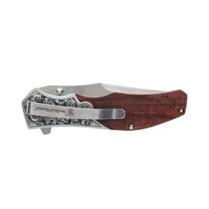 Smith & Wesson Unwavered Folding Knife 3-1/4" Clip Point Blade Engraved Wood Blister