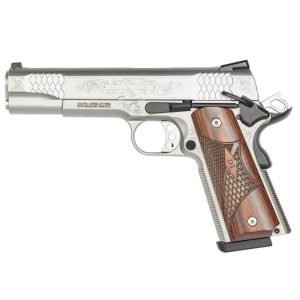Smith & Wesson 1911 Engraved Handgun .45 ACP 8rd Magazine 5" Barrel Engraved Silver with Wood Grip