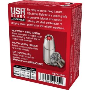 Winchester USA Ready Hex Vent Hollow Point Handgun Ammunition .45 ACP 200 gr PT 1000 fps 20/ct