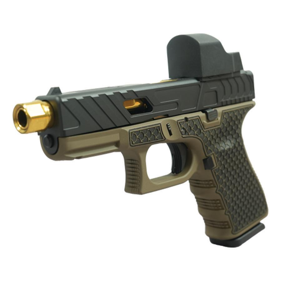 Glock 19 Gen 3 Custom "Tarpon FDE with Gold Barrel" Compact Handgun 9mm Luger 15/rd Magazines (2) 4.6" Threaded Gold Barrel Weaver Reflex Red Dot USA